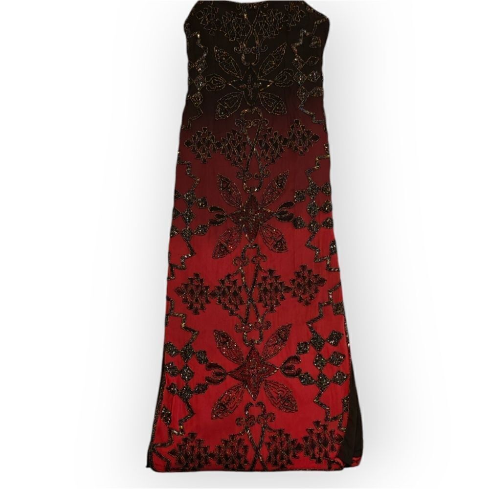 VTG LAURENCE KAZAR OMBRE BLACK RED BEADED SILK MAXI DRESS SIZE M - Picture 5 of 11